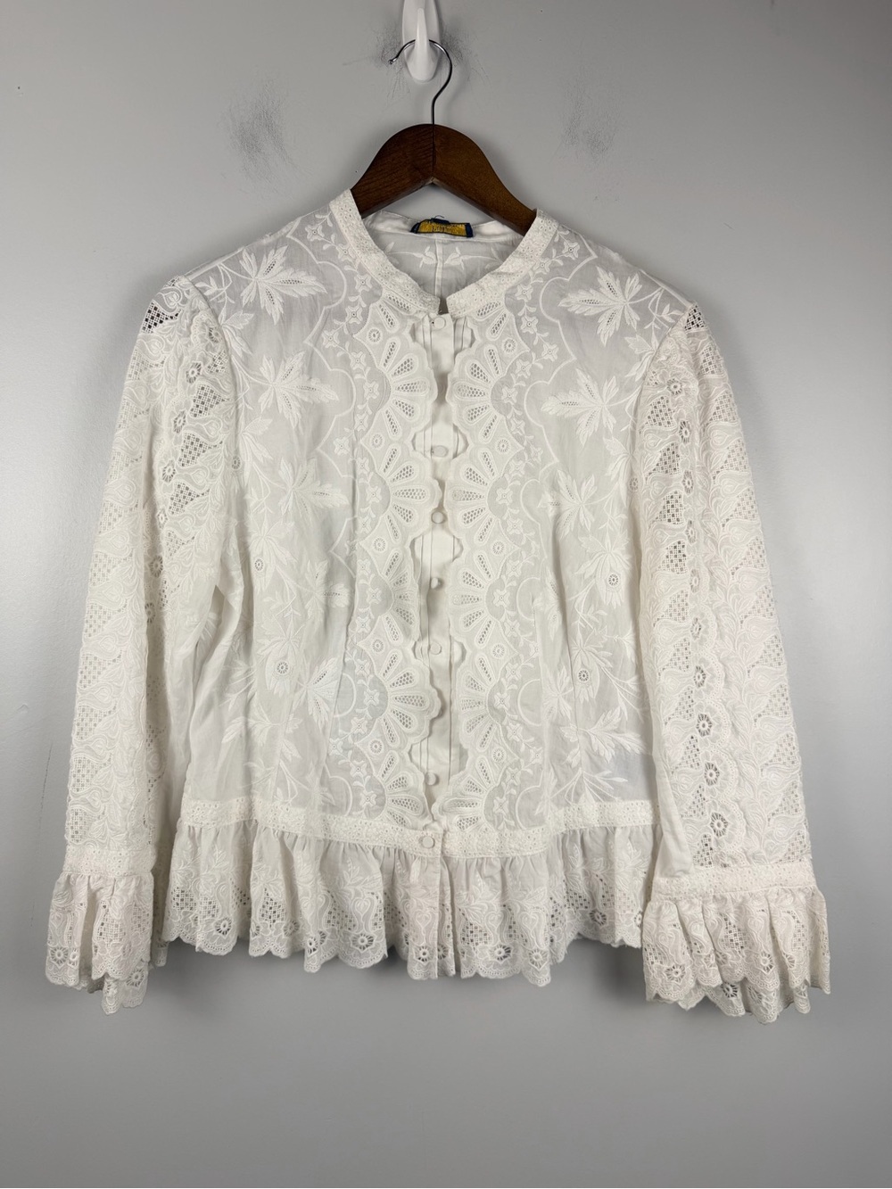 New Polo Ralph Lauren White Lace Crochet Ruffle Trim Cotton Blouse in size 12